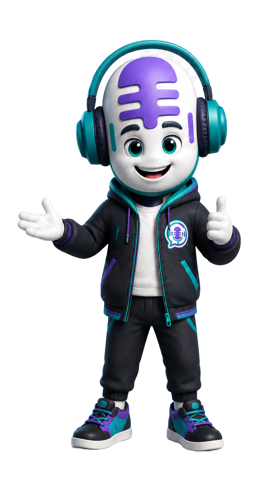 Mikey, the SingoLingo mascot, a friendly robot with a microphone head and headphones